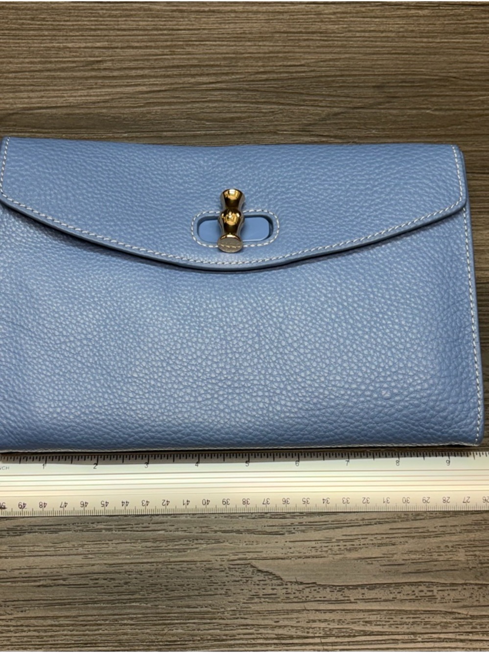 J McLaughlin Blue Leather Clutch Wallet Gold Turn Lock - Picture 9 of 10